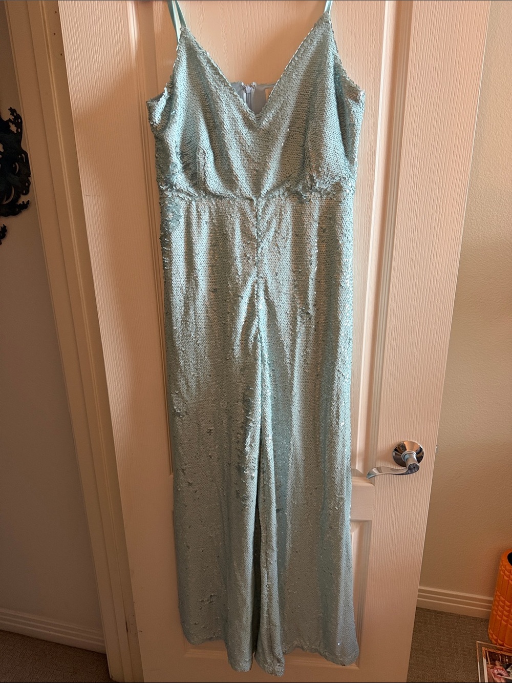 Sequin Spaghetti-Strap Jumpsuit in Light Blue